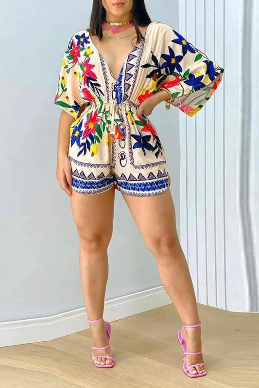 Floral  Print  V Neck Drawtring romper